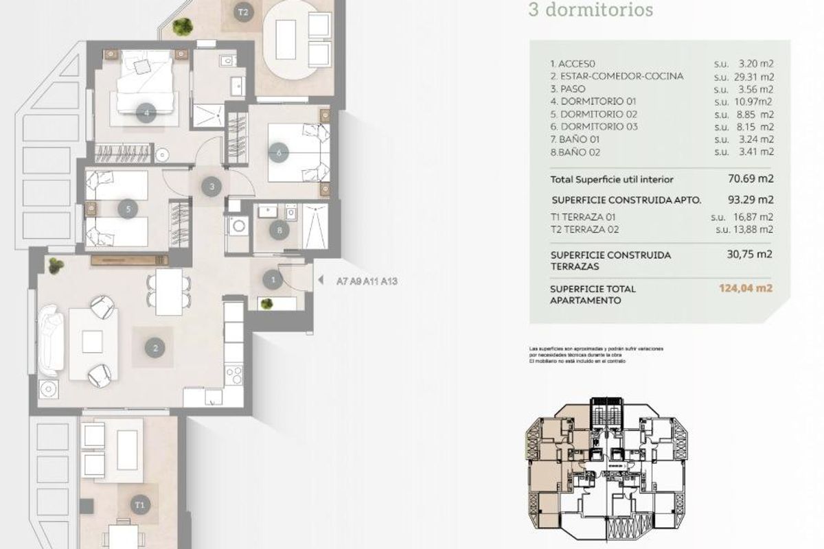 Plattegrond van een 3-kamer appartement in Calpe, Costa Blanca Noord, met indeling en kamergroottes.