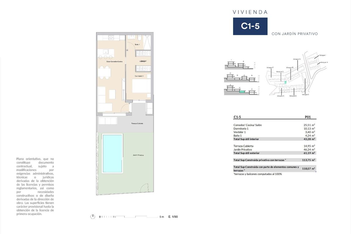 Plattegrond van een 1-slaapkamer appartement op de begane grond in Alfas del Pi, met een privétuin en indelingsdetails.