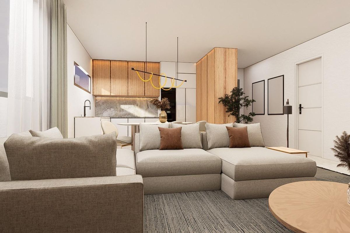 Stijlvol uitzicht op de woonkamer vanuit de keuken in een 3-slaapkamer appartement in Pilar de La Horadada, Spanje.