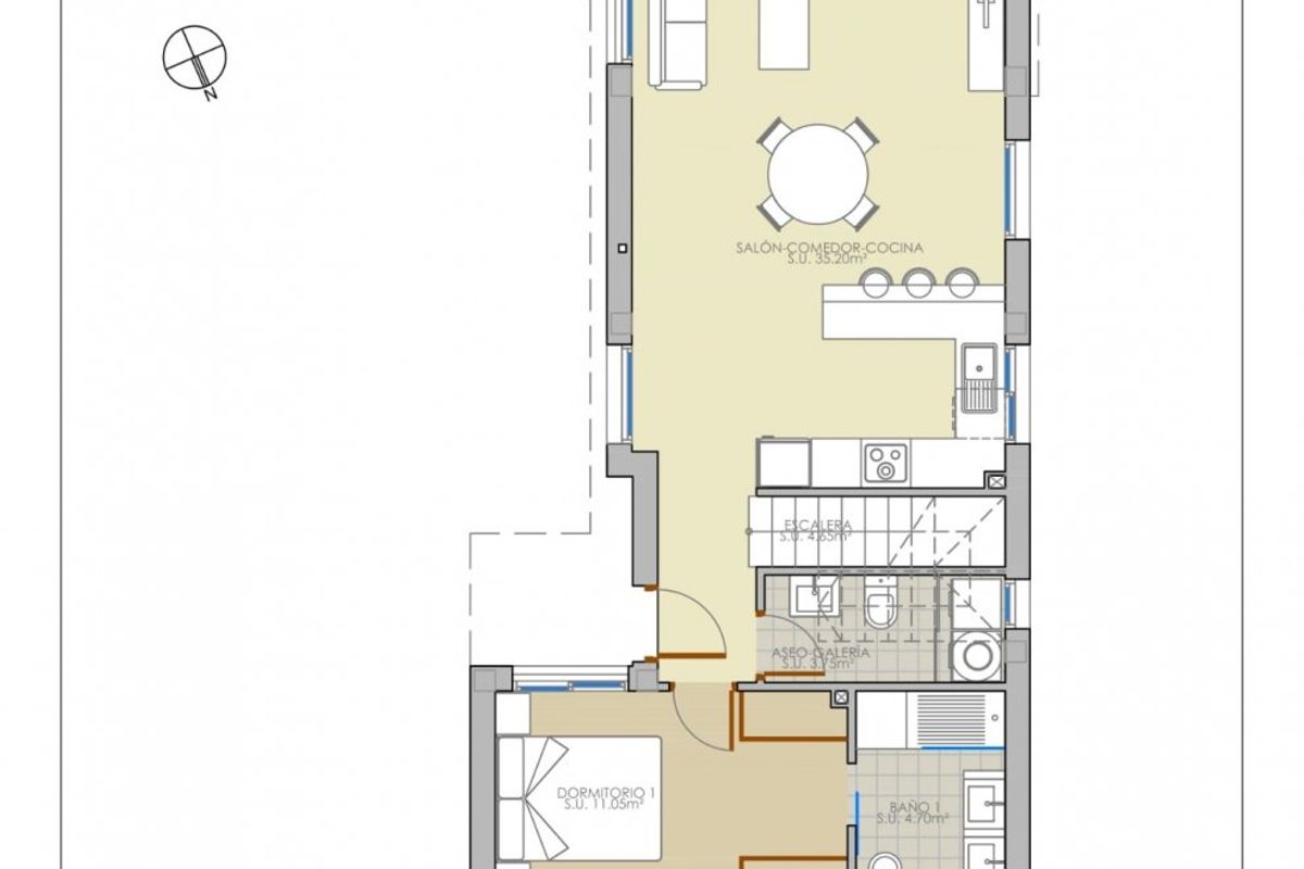 Plattegrond van een functionele 3-slaapkamer villa in Pilar de La Horadada, schets van woon- en eetruimtes.