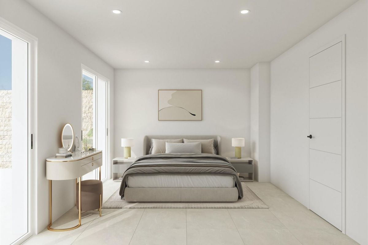 Elegante slaapkamer met een stijlvolle inrichting in een 2-slaapkamer bungalow in Pilar de La Horadada, Costa Blanca.