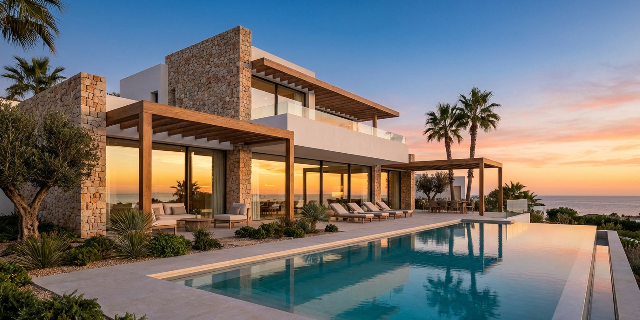 Modern luxury villa in Costa Blanca with pool at sunset