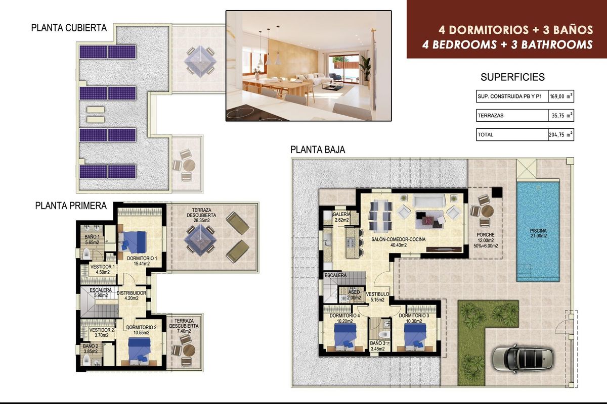 Plattegrond van een villa met 4 slaapkamers, met details over de indeling en ruimtes in Orihuela, Costa Blanca.
