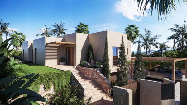 Moderne 3-slaapkamer villa buitenkant in Jávea, Costa Blanca, omgeven door palmbomen en een weelderige tuin.