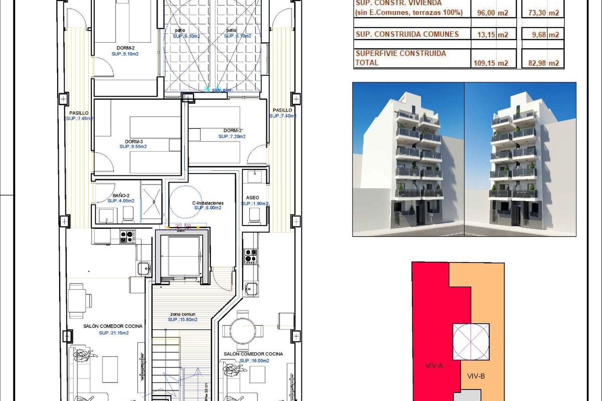 Gedetailleerd vloerplan van een appartement met 3 slaapkamers in een modern gebouw in Torrevieja, Spanje.