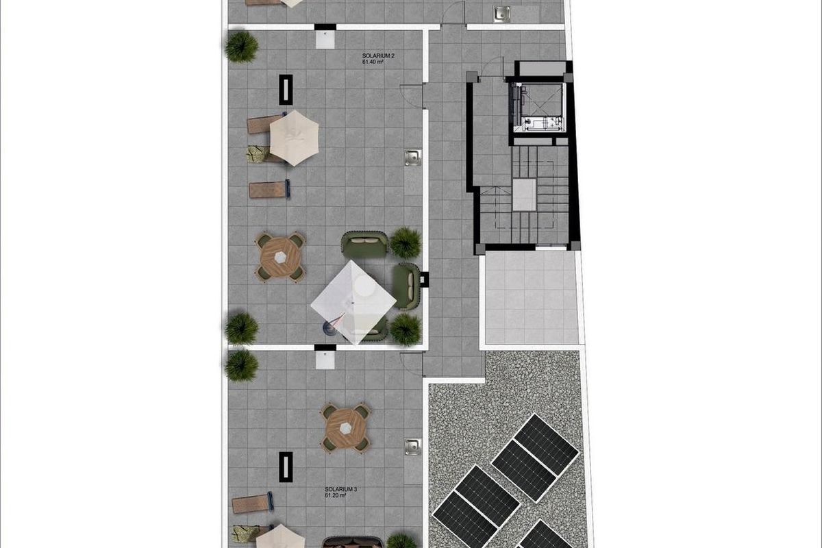 Zonne-energieterras van een penthouse in Santa Pola, met loungezitplaatsen en zonneschermen.