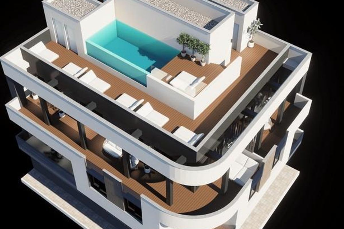 3D weergave van een modern appartement met 1 slaapkamer, inclusief terras en zwembad in Torrevieja, Costa Blanca.