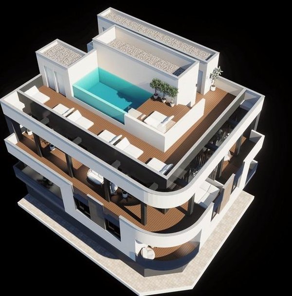 3D weergave van een modern appartement met 1 slaapkamer, inclusief terras en zwembad in Torrevieja, Costa Blanca.