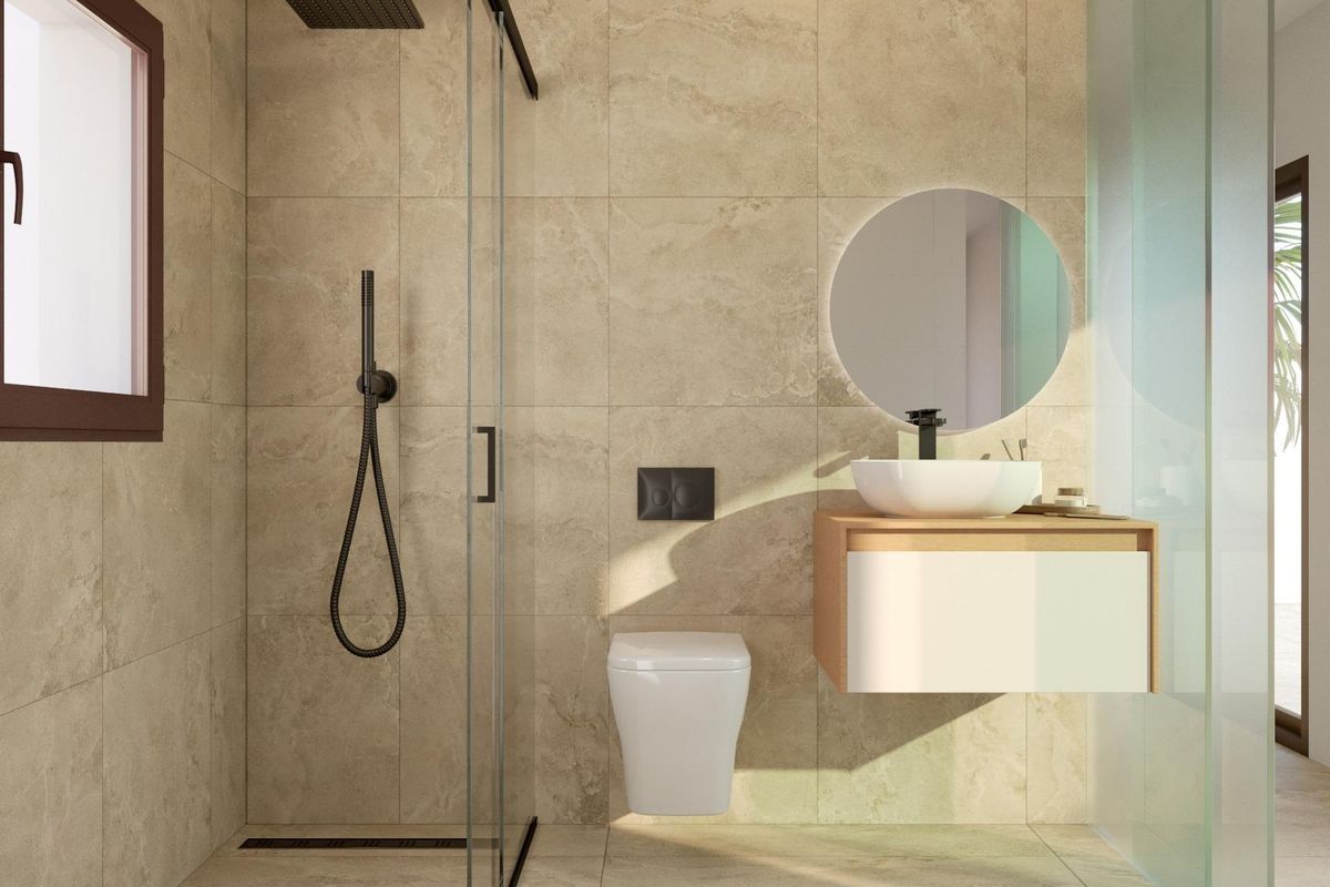 Stijlvol douchegebied en wastafelontwerp in een moderne badkamer van een 3-slaapkamer villa in Algorfa, Costa Blanca Zuid.