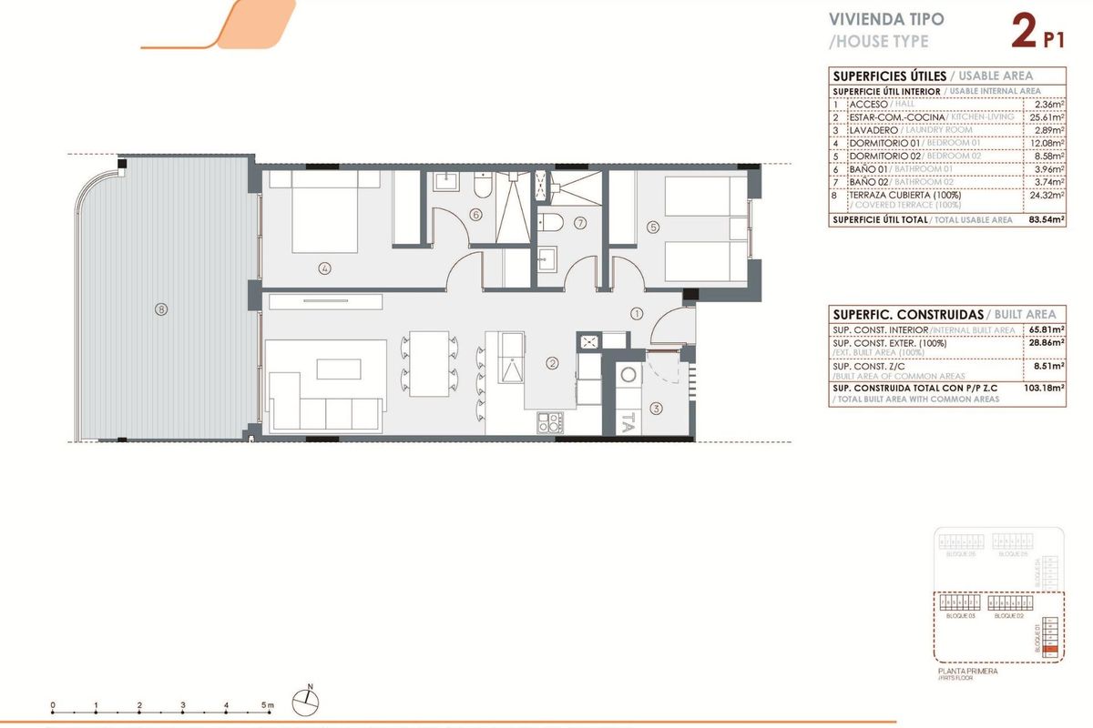Gedetailleerde plattegrond van een 2-slaapkamer appartement in Torrevieja, met indeling en afmetingen.
