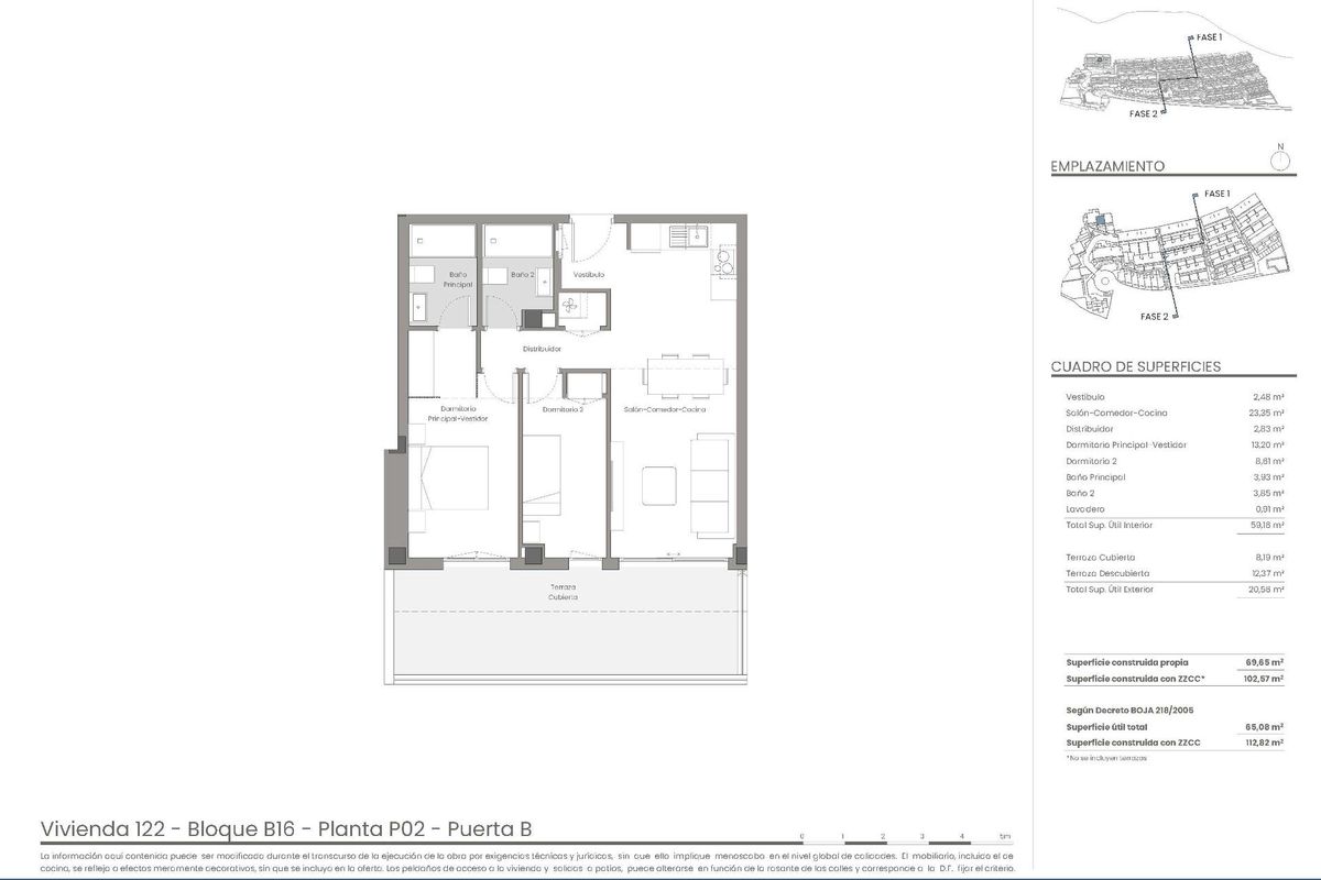 Plattegrond van een 2-slaapkamer penthouse in Mojacar, Costa de Almeria, die de indeling en afmetingen laat zien.