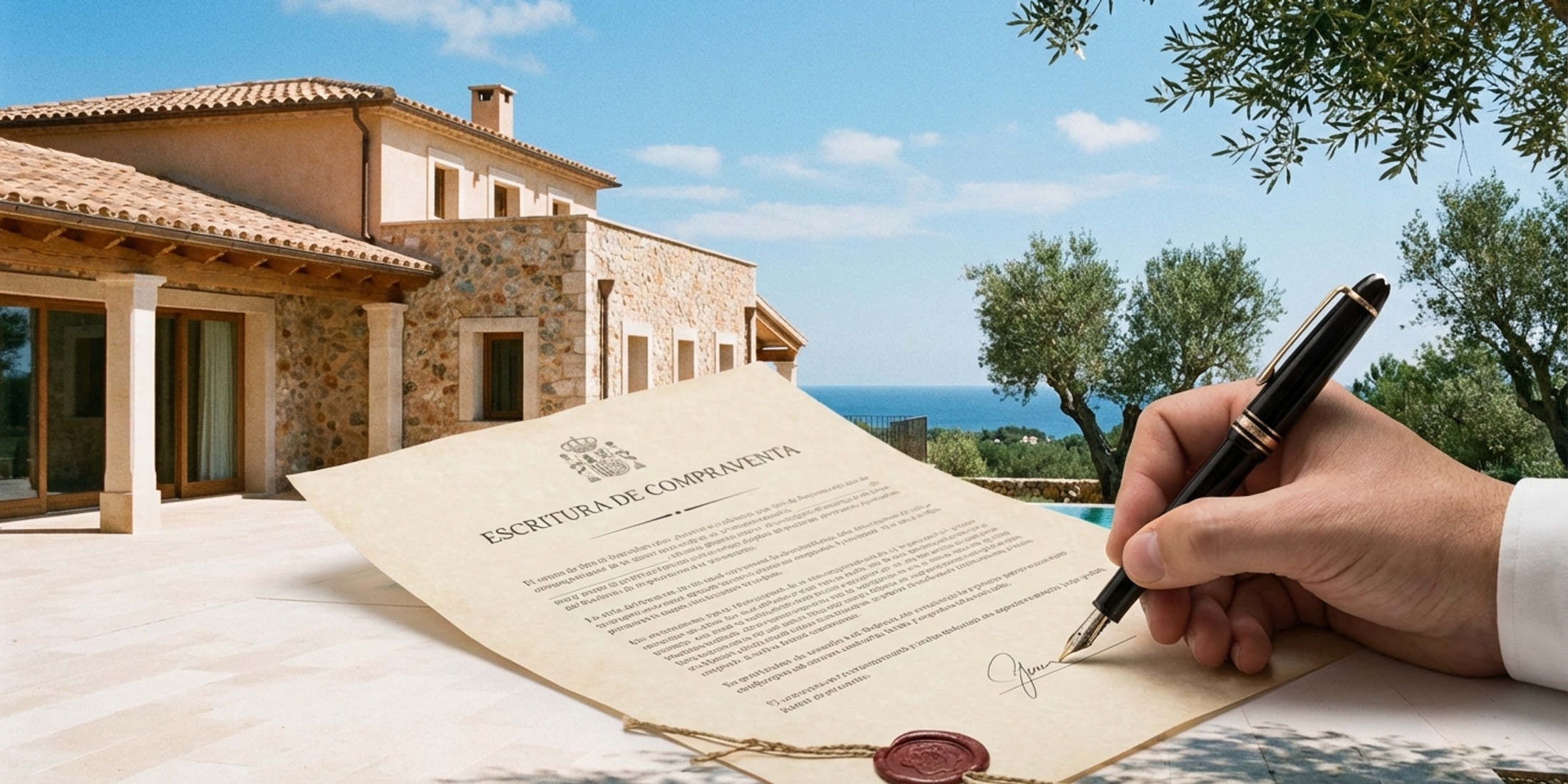 Close-up van een vulpen die een officiële Spaanse eigendomsakte ondertekent