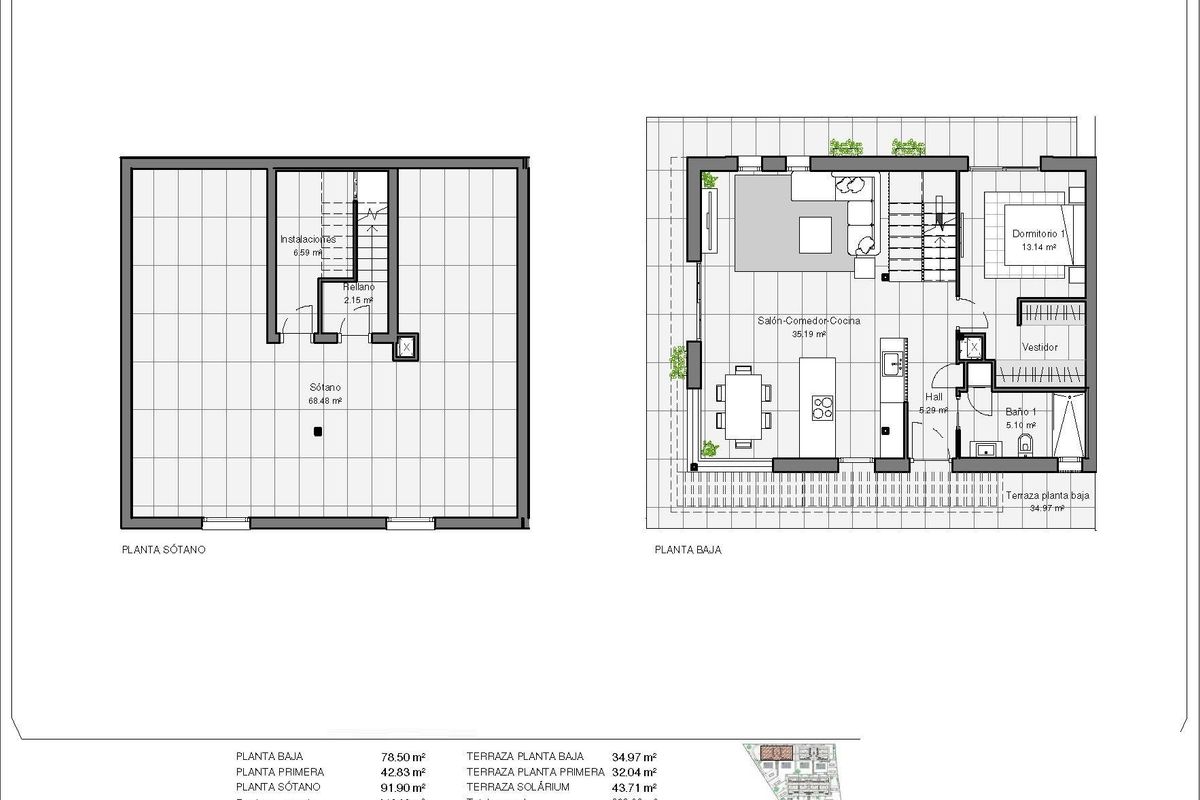 Plattegrond van een moderne 3-slaapkamer townhouse in Polop, Costa Blanca, toont indeling en ontwerpdetails.