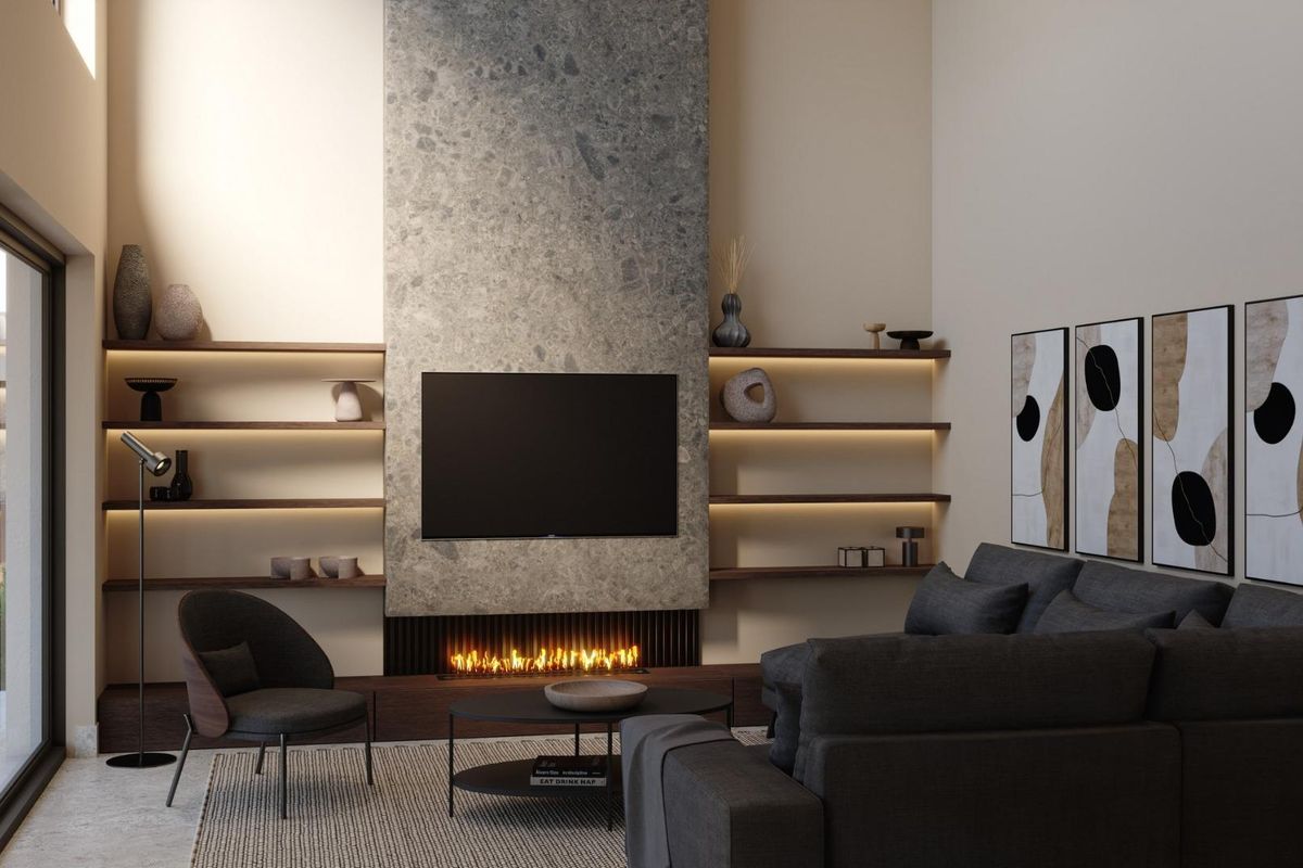 Gezellige woonkamer in de 3-slaapkamer villa in Mojacar met moderne open haard en elegante decoratie.