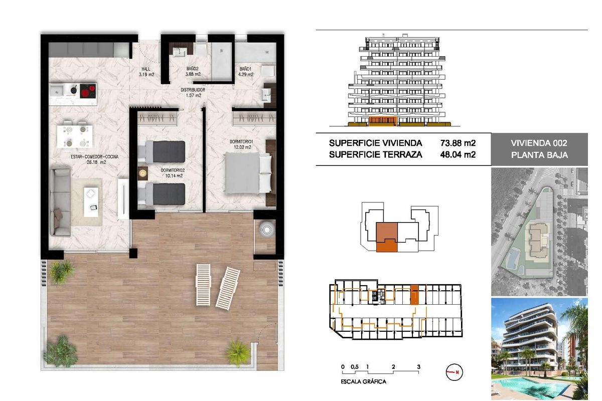 Plattegrond van een 2-slaapkamer appartement in Guardamar del Segura met indeling en afmetingen.