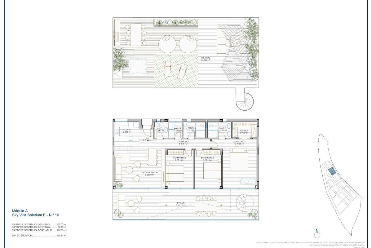 Gedetailleerde plattegrond van een 3-slaapkamer penthouse-indeling in Fuengirola, Costa del Sol.