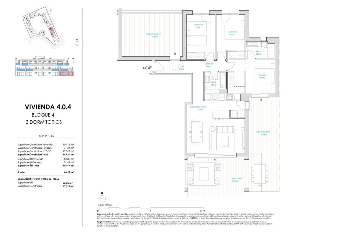 Plattegrond van een appartement met 3 slaapkamers, toont indeling en ruimte in Casares, Costa del Sol.