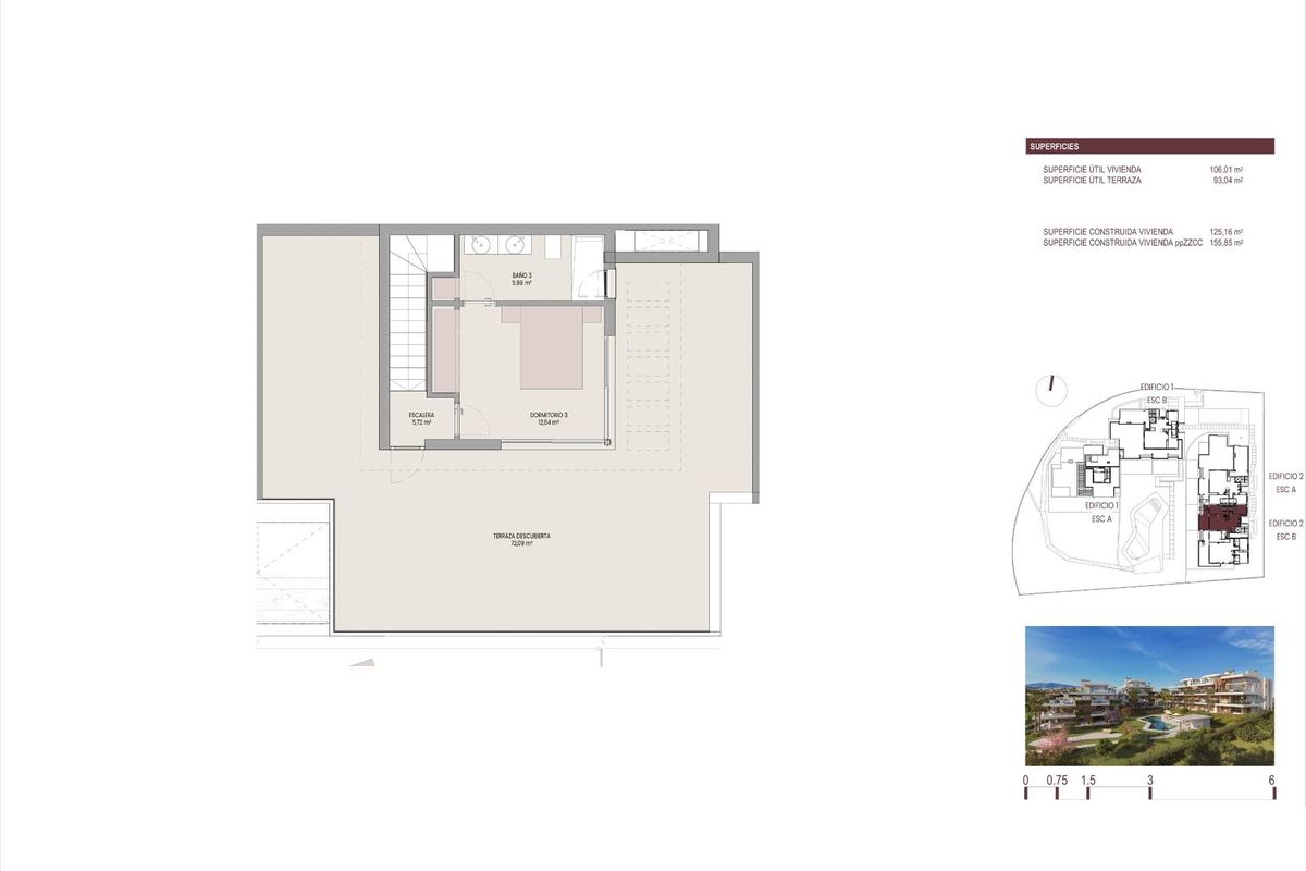 Plattegrond van een moderne 3-slaapkamer penthouse in Estepona, met een overzicht van de indeling.