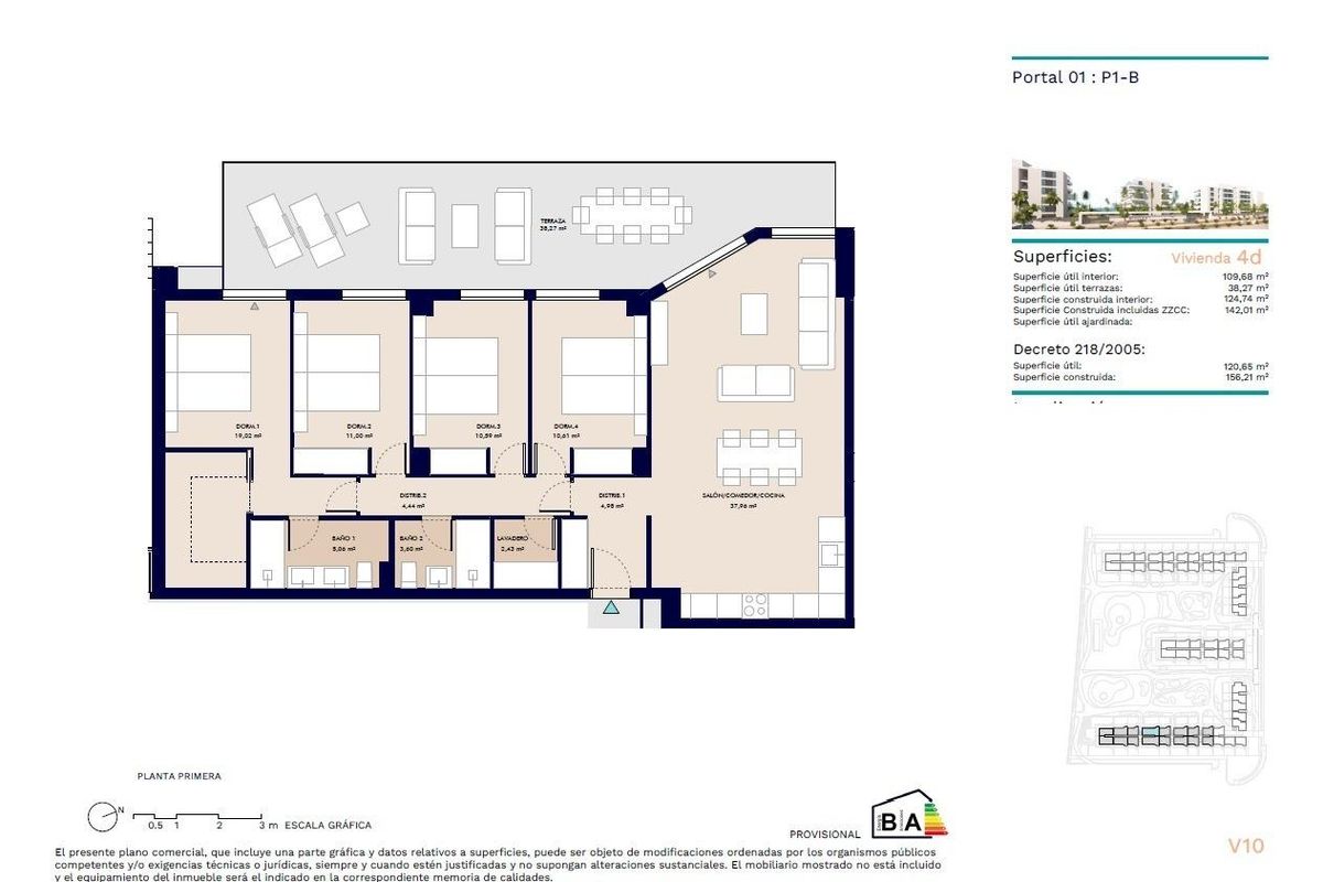 Gedetailleerde plattegrond van een 4-slaapkamer appartement in Almerimar, Costa de Almeria.