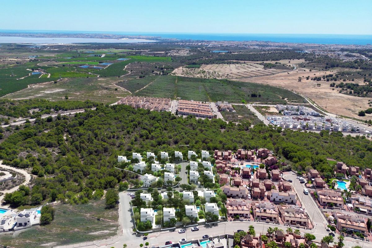 Luchtfoto van San Miguel de Salinas met villawoningen en het schilderachtige landschap in Costa Blanca, Spanje.