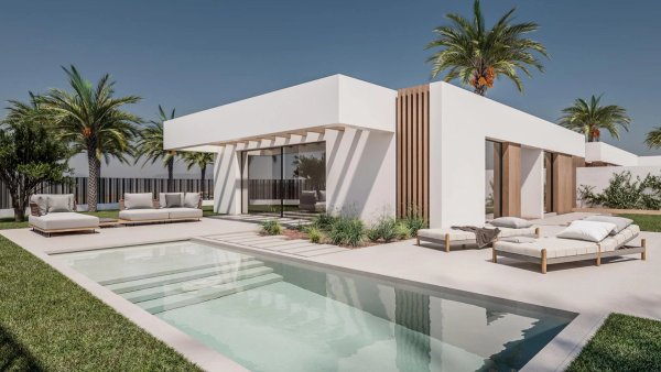 Modern exterior view of a stylish townhouse with a pool in El Campello, Costa Blanca North, Spain.