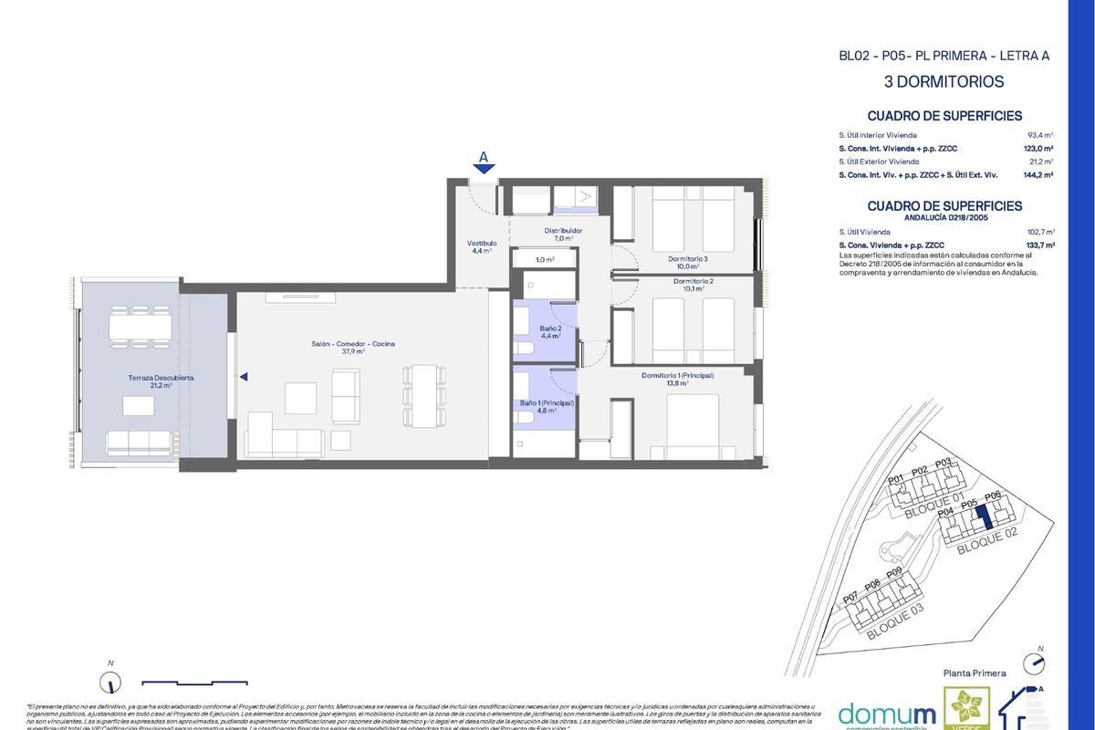 Plattegrond van de indeling van een 3-slaapkamer appartement, gelegen in Casares, Costa del Sol.