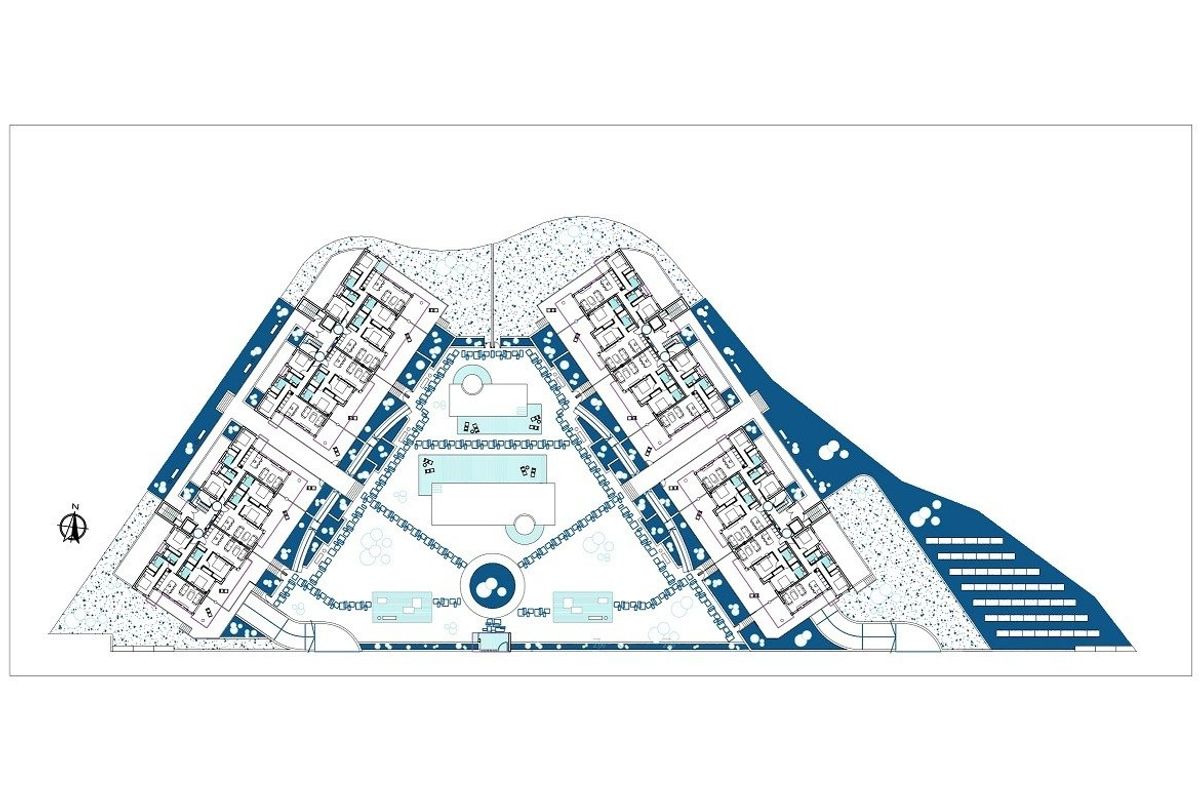 Indelingsplattegrond van de woonontwikkeling in Torre Pacheco die de opstelling van gebouwen toont.