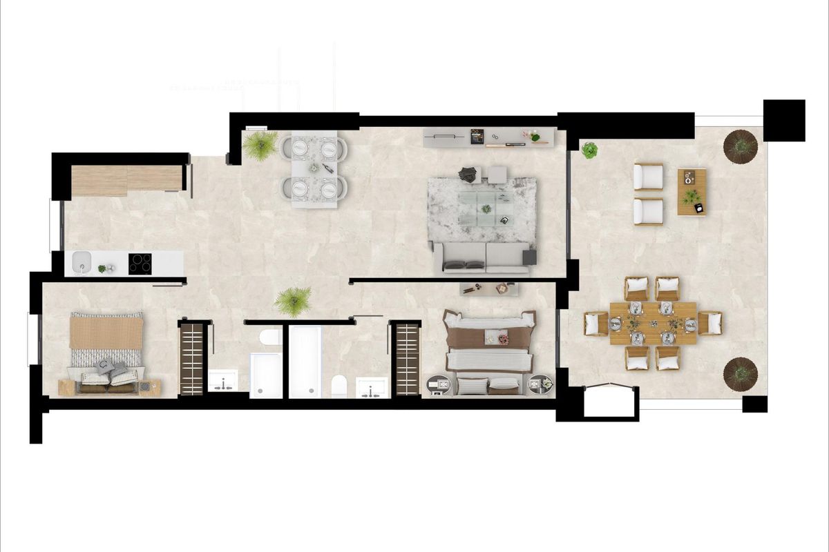 Plattegrond van een 2-slaapkamer appartement in Casares, met woonruimte, slaapkamers en keuken.