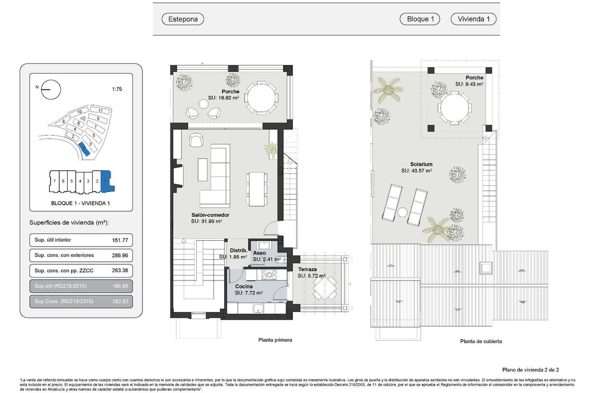 Indeling van de tweede verdieping van een townhouse in Estepona, met ontwerp van woon- en buitenruimtes.