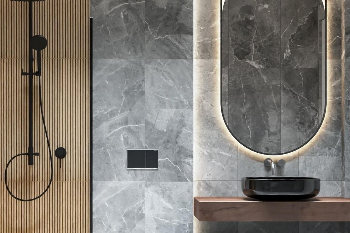 Stijlvolle badkamer met moderne douche en wastafel in een 1-slaapkamer appartement op de begane grond in Torrevieja, Costa Blanca.