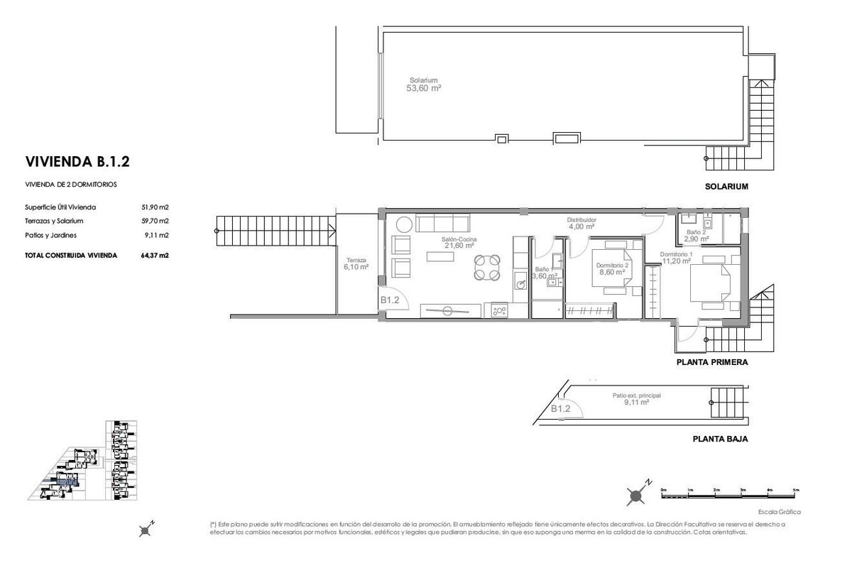 Plattegrond van een 2-slaapkamer bungalow in Puerto de Mazarron, met details van de indeling en beschikbare ruimtes.