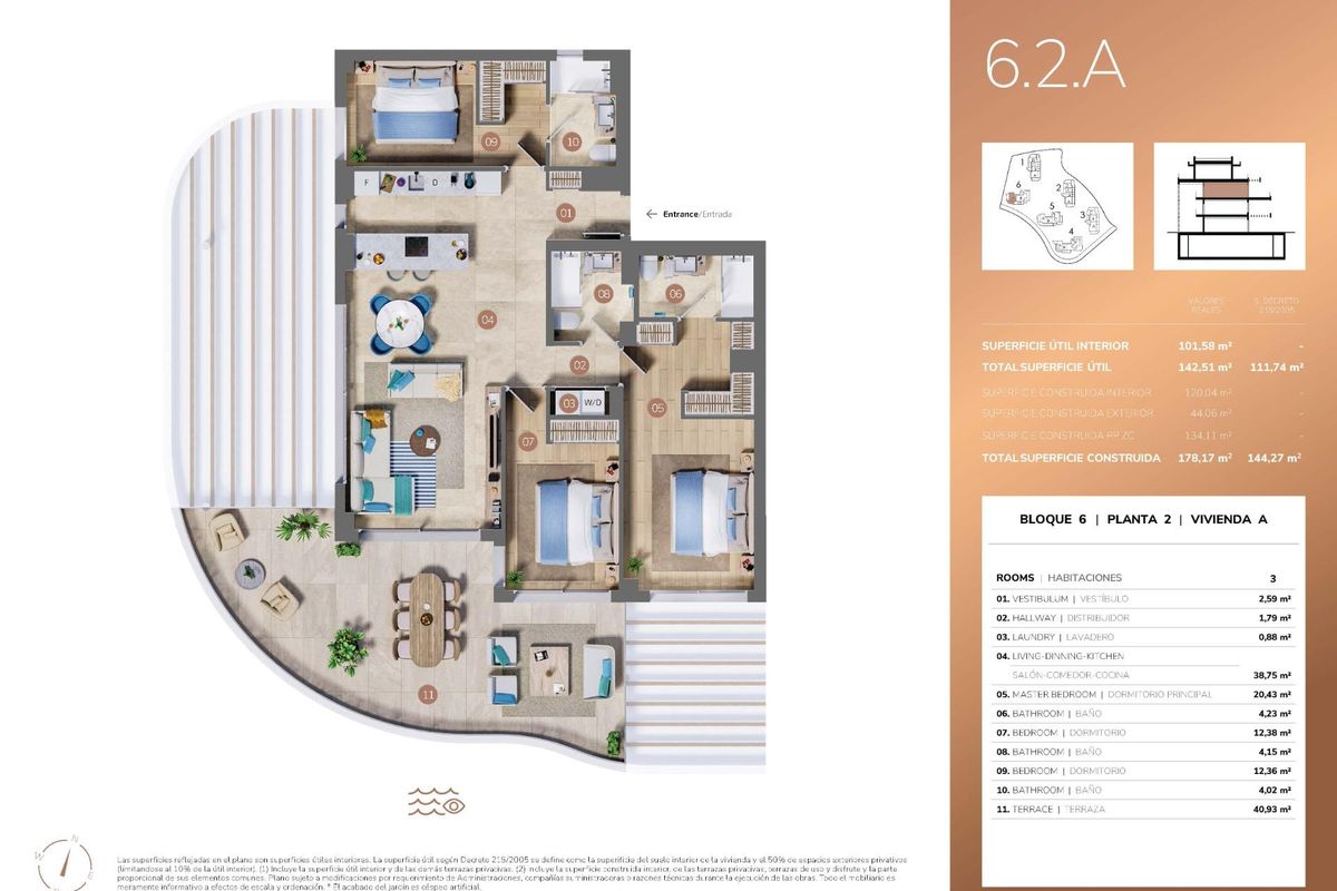 Gedetailleerde plattegrond van een 3-slaapkamer appartement in Mijas, Costa del Sol met indeling en afmetingen.