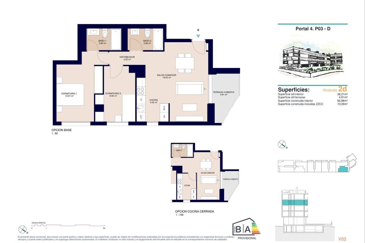 Gedetailleerde plattegrond van een 2-slaapkamer appartement in Alicante, met afmetingen en indeling voor potentiële kopers.