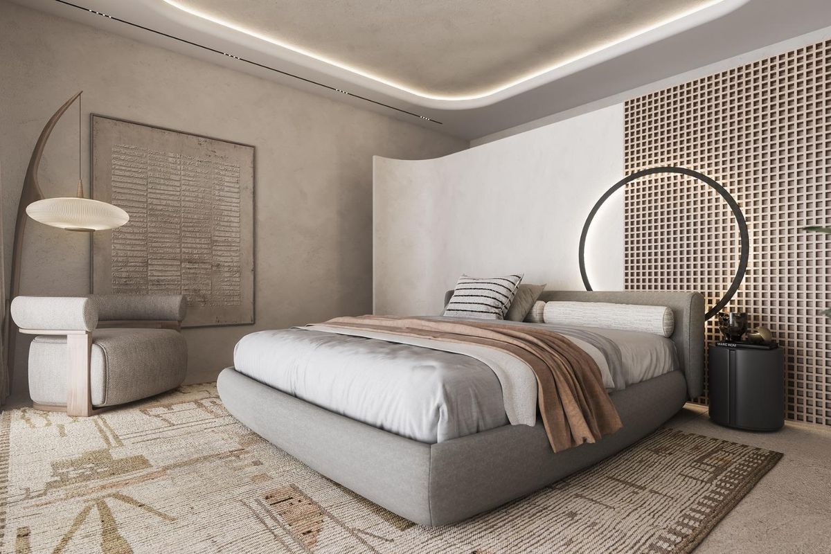 Gezellige slaapkamer met elegante decoratie in een 5-slaapkamer villa, ontworpen voor comfort in Marbella.