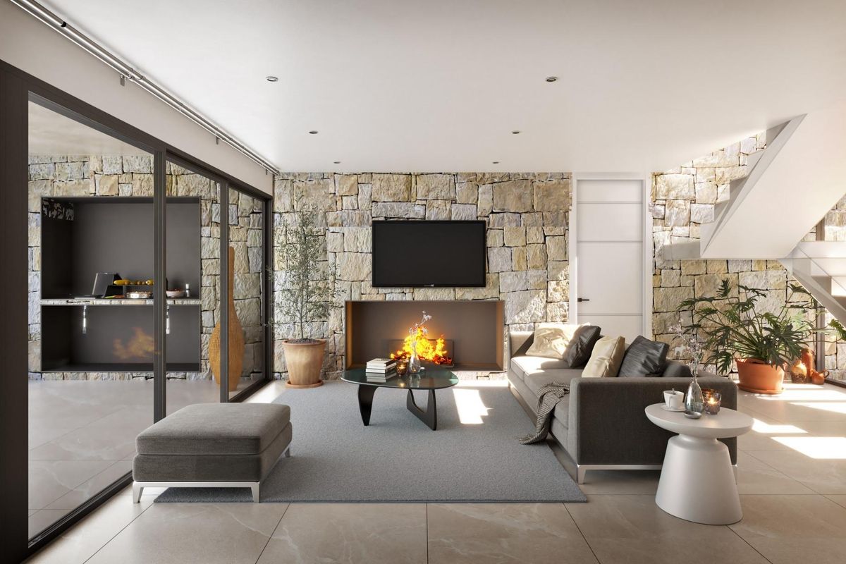 Stijlvolle woonruimte met modern meubilair en uitzicht op de tuin in Cuevas Del Almanzora, Costa de Almeria.