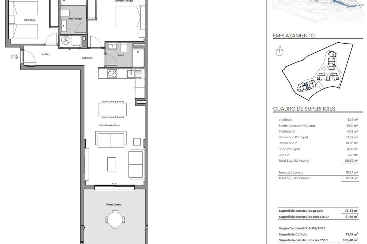 Plattegrond van een 2-slaapkamer appartement in Mijas, Costa del Sol, die de indeling en afmetingen toont.