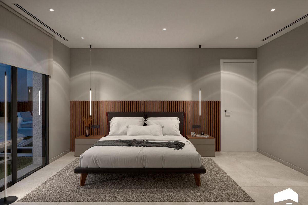 Stijlvolle slaapkamer met minimalistisch ontwerp in een villa in Torre Pacheco, ontworpen voor comfort en ontspanning.