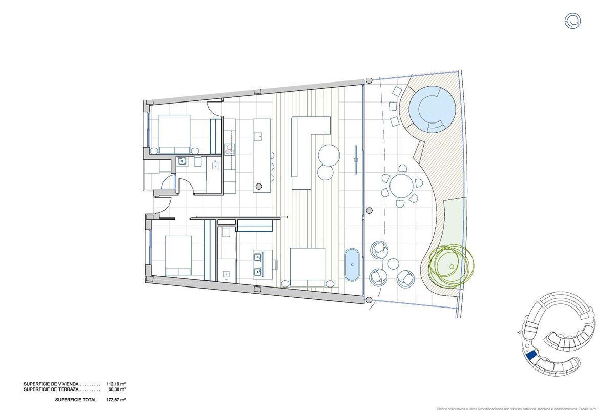 Gedetailleerde plattegrond van een 3-slaapkamer penthouse in Fuengirola, met ruime woon- en eetruimtes.