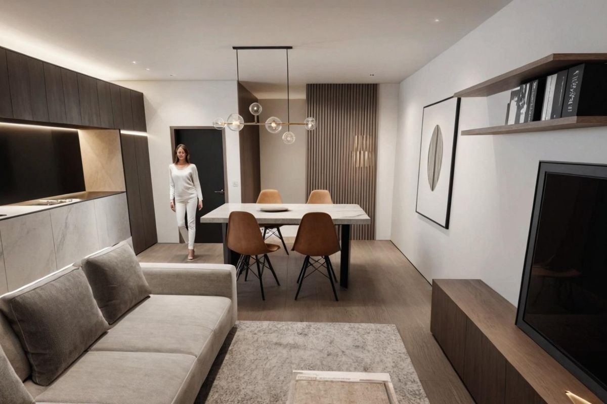 Stijlvolle woonkamer en eetruimte in een penthouse in Torrevieja, met hedendaags ontwerp en meubels.
