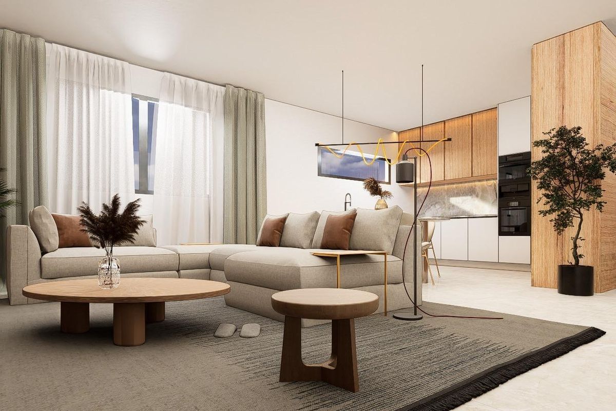 Chique woonkamer met open indeling en moderne decoratie in een 3-slaapkamer appartement in Pilar de La Horadada, Costa Blanca Zuid.