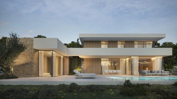 Moderne buitenkant van een 6-slaapkamer villa in Moraira Teulada met strakke lijnen en een zwembad.