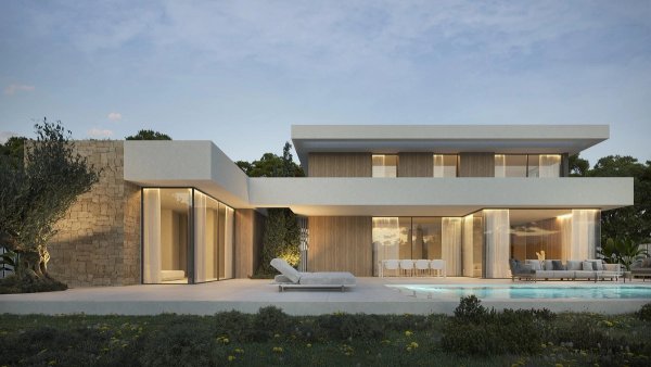 Moderne buitenkant van een 6-slaapkamer villa in Moraira Teulada met strakke lijnen en een zwembad.