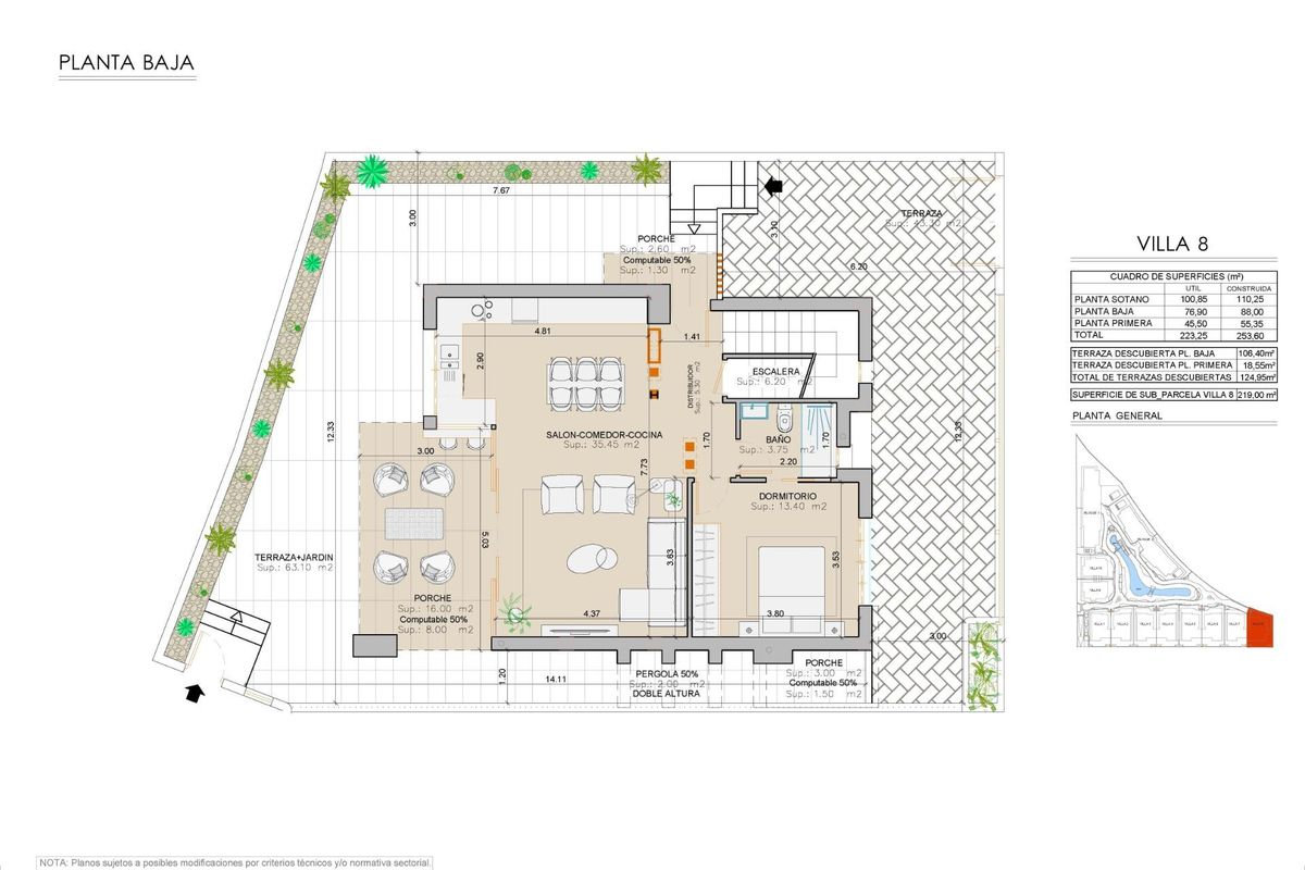 Indeling van de begane grond van de villa, met woonruimtes en keuken in San Juan de los Terreros.