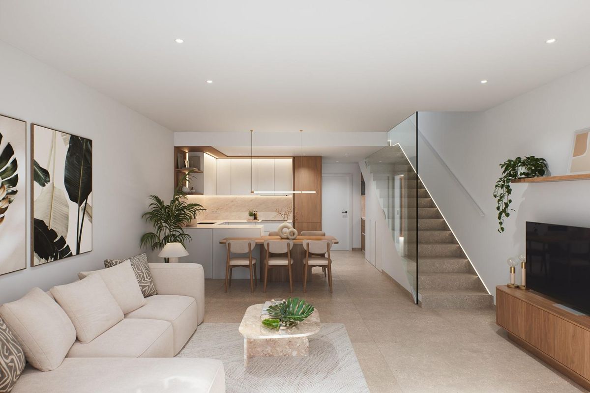 Open-plan dining area with large windows