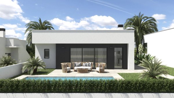 Buitenzicht op een moderne 3-slaapkamer villa in Alhama De Murcia met een terras en zwembad.