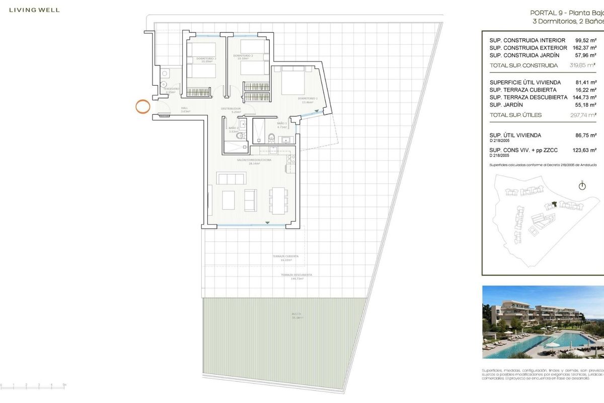 Gedetailleerde plattegrond van een 3-slaapkamer appartement op de begane grond met indeling in Mijas, Costa del Sol.