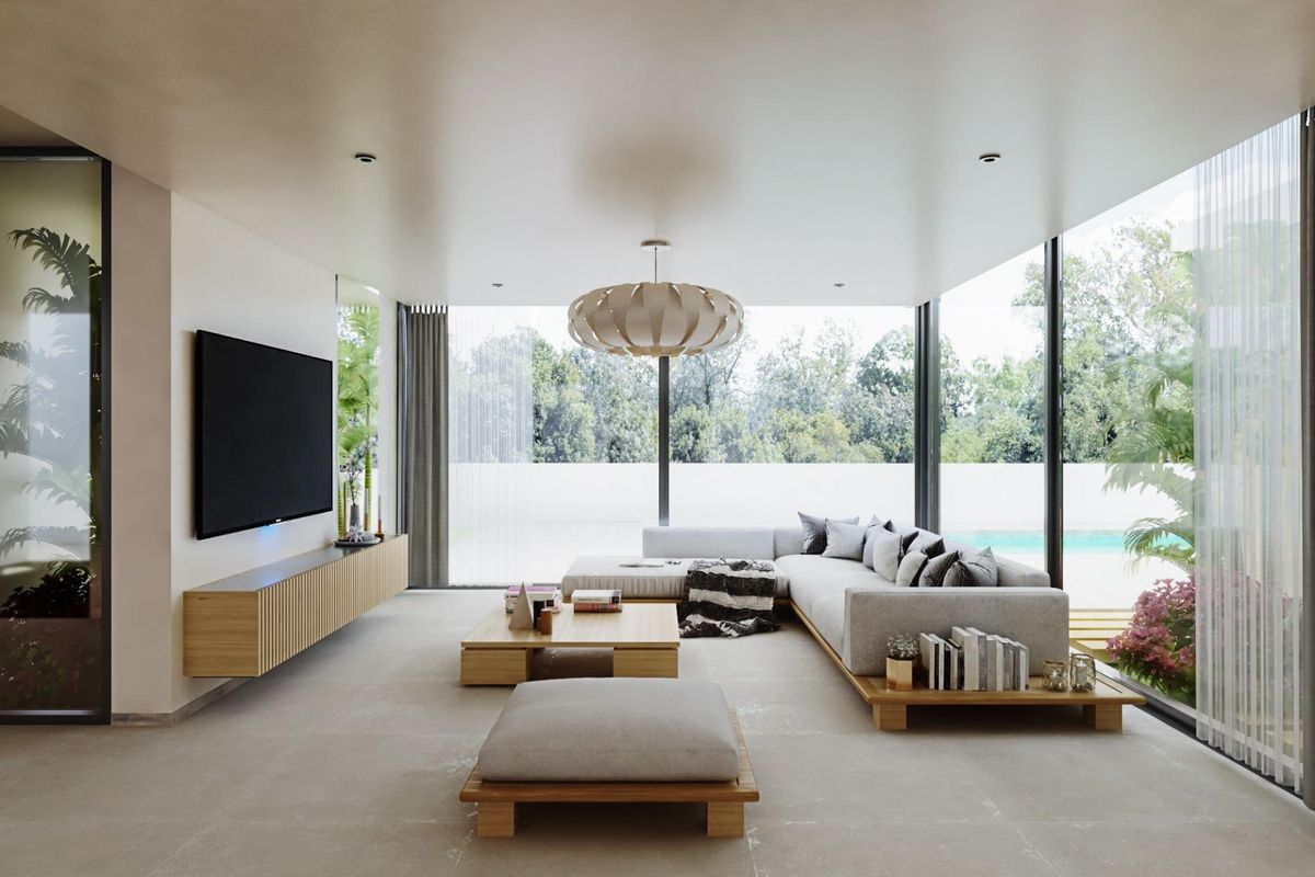 Interieur woonkamer van villa in Alfas del Pi, met moderne meubels en grote ramen.