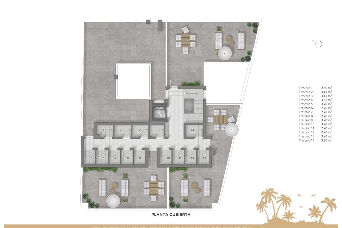 Dakplan met terrassen en gemeenschappelijke ruimtes voor het 3-slaapkamer appartement in Guardamar del Segura, Costa Blanca.