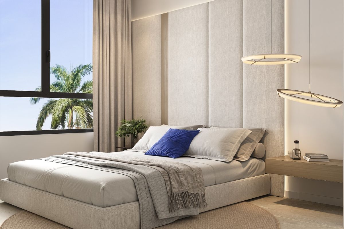 Ontworpen slaapkamer met elegante ontwerpelementen en natuurlijk licht, gelegen in Finestrat, Spanje.