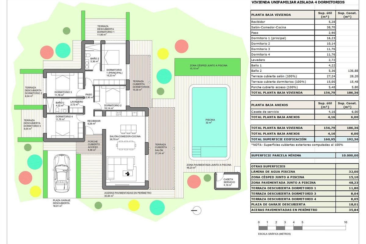 Plattegrond van een 4-slaapkamer villa in Pinoso, met indeling en afmetingen voor comfortabel wonen.